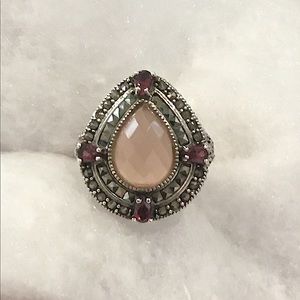 VTG Rose Quartz Garnet Marcasite Sterling 925 Ring